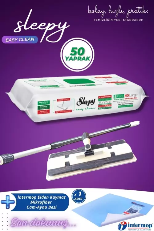 Sleepy  Easy Clean Beyaz Sabun Katkılı Mopa Uyumlu Yer Temizlik Havlusu 50 Yaprak + Mop Aparatı