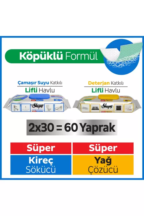 Sleepy Easy Clean Süper Yağ Çözücü ve Kireç Sökücü Yüzey Temizlik Havlusu 2x30 (60 YAPRAK)