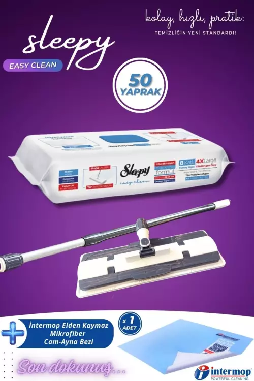 Sleepy Easy Clean Çamaşır Suyu Katkılı Mopa Uyumlu Yer Temizlik Havlusu 50 Yaprak + Mop Aparatı
